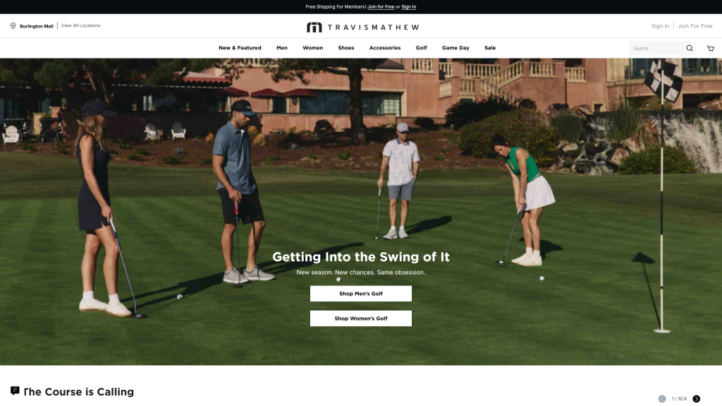 screenshot image of travismathew homepage best golf apparel brands