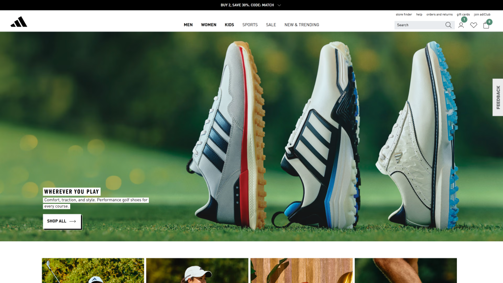screenshot image of adidas golf homepage