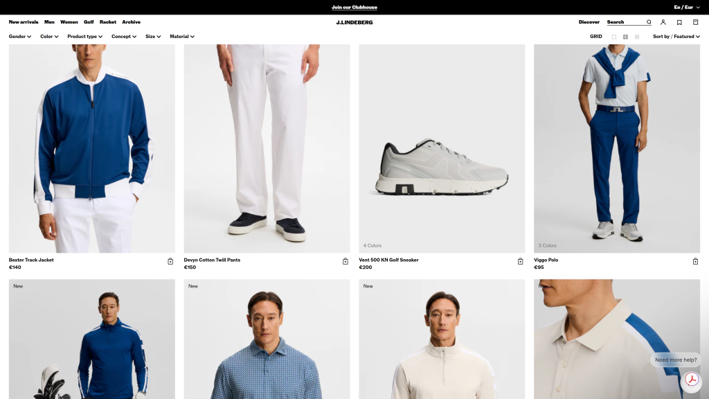 screenshot image of jlindeberg homepage best golf apparel brands
