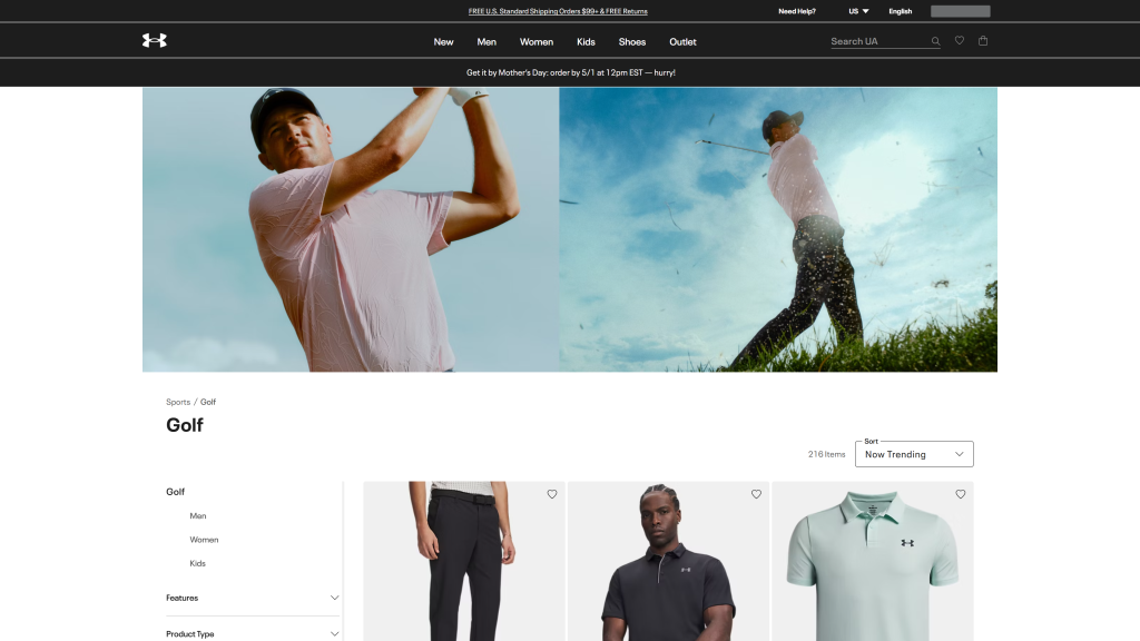 screenshot image of underarmour homepage best golf apparel brands