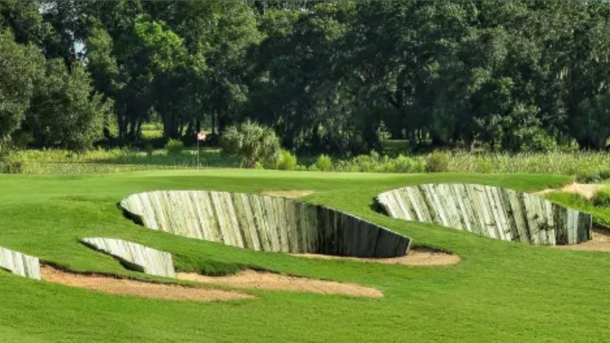 Wood-faced bunkers at Mystic Dunes Golf Club near Orlando
