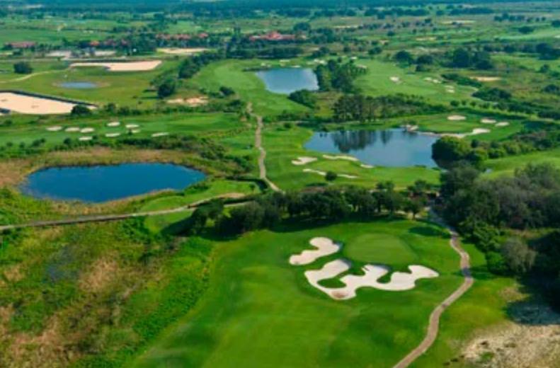 Aerial view of lakes and bunkers on Panther Lake at Orange County National in Winter Garden