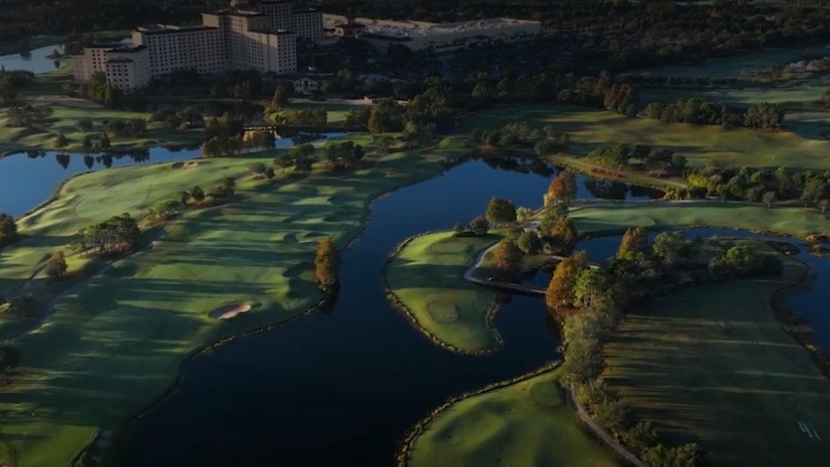Aerial view of lakes and fairways at Shingle Creek Golf Club, among the best golf courses in Orlando near International Drive